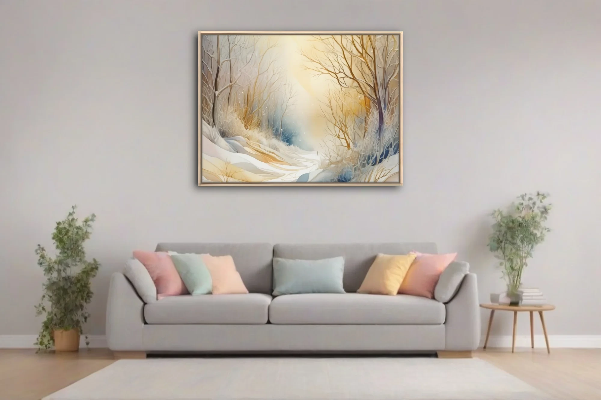 Watercolor-style winter forest with bare branches, golden glow, and snow in soft ivory tones