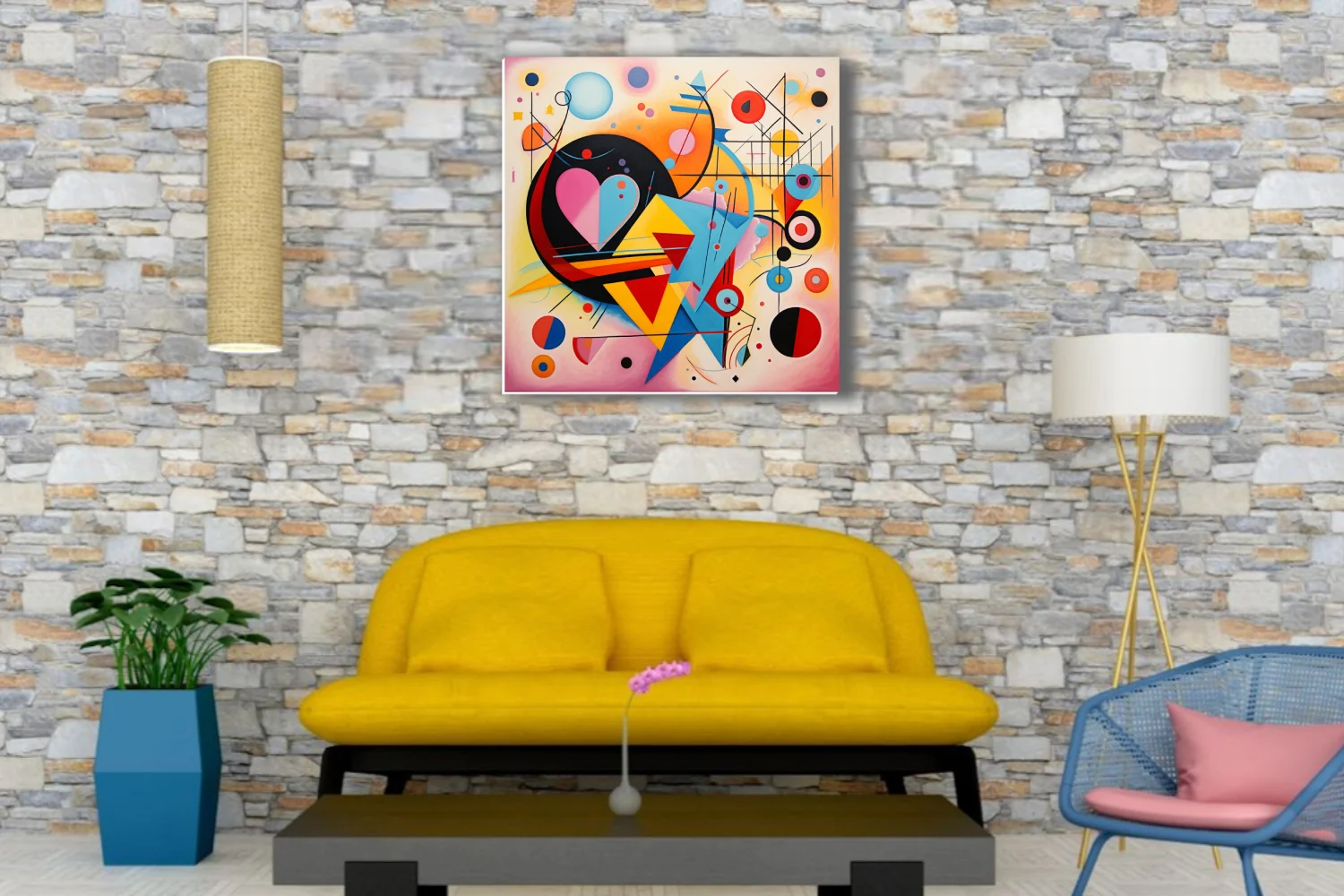 Abstract composition with heart motif, bold primary palette and geometric forms