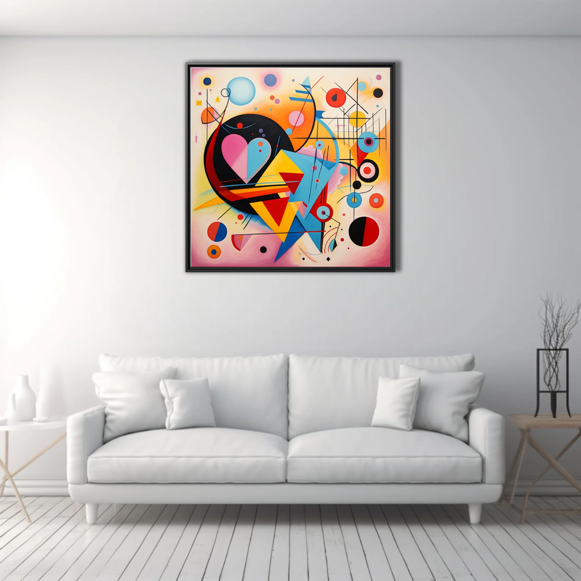 Abstract composition with heart motif, bold primary palette and geometric forms