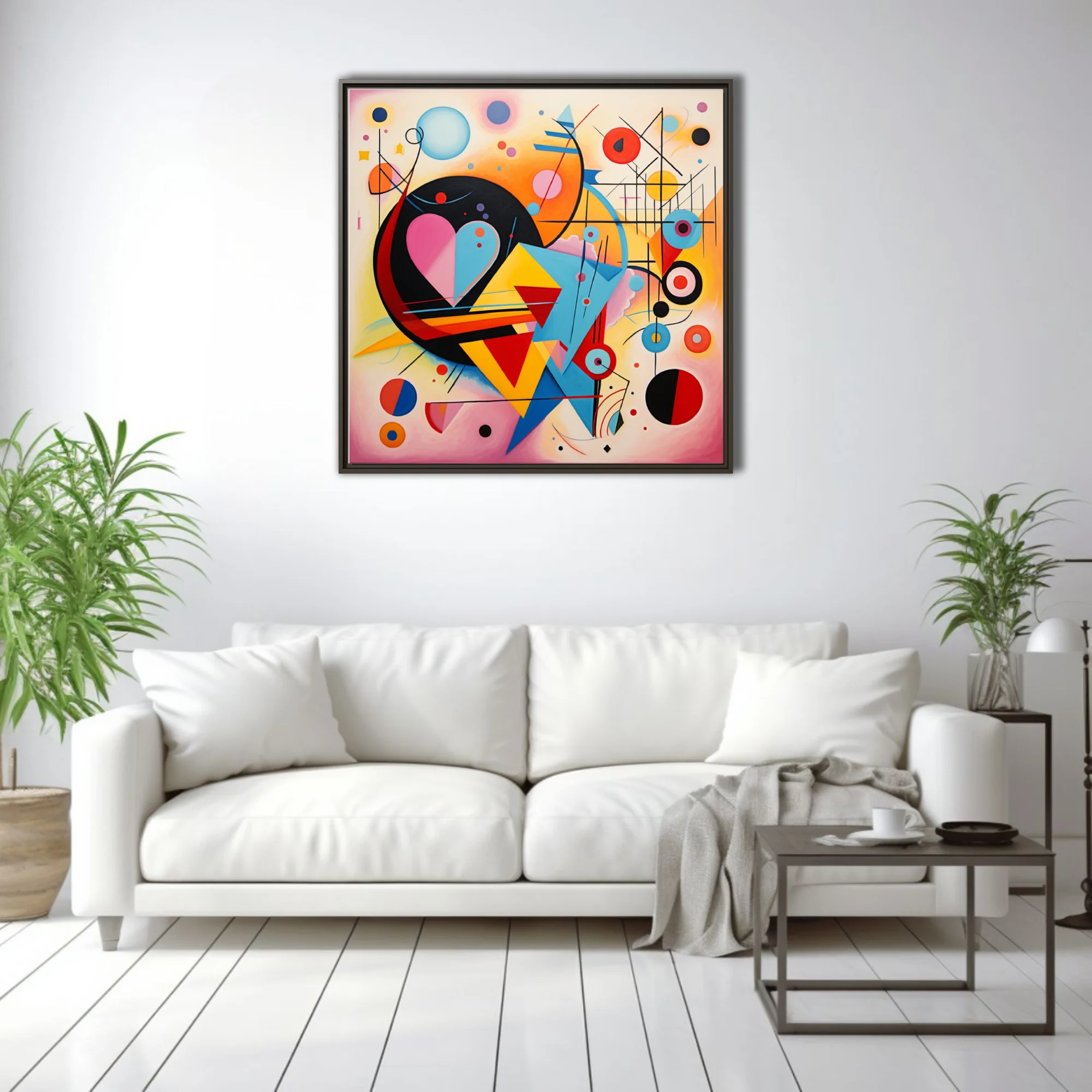 Abstract composition with heart motif, bold primary palette and geometric forms