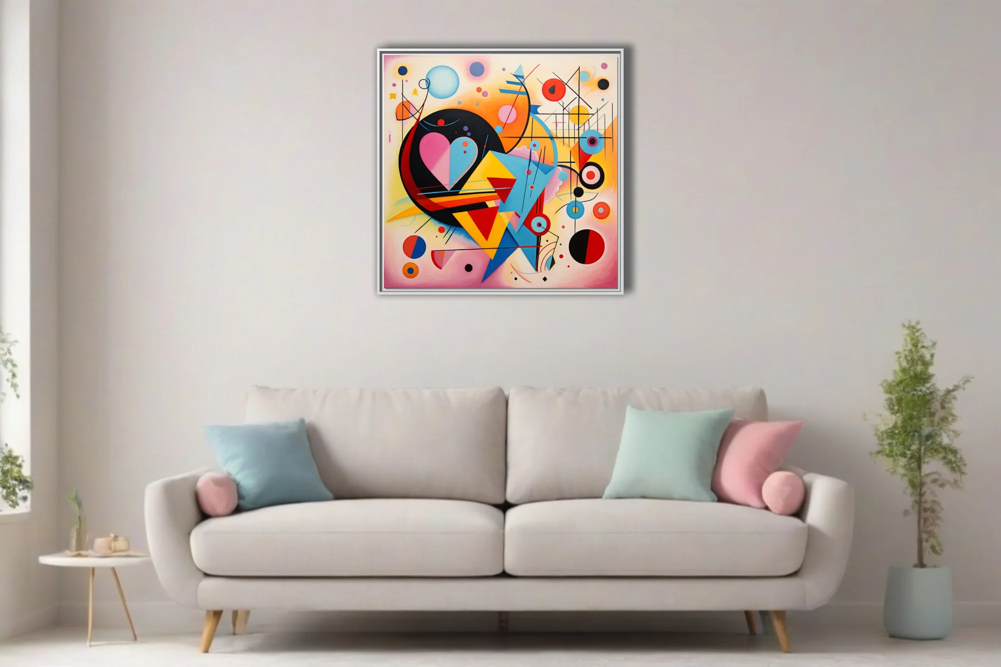 Abstract composition with heart motif, bold primary palette and geometric forms