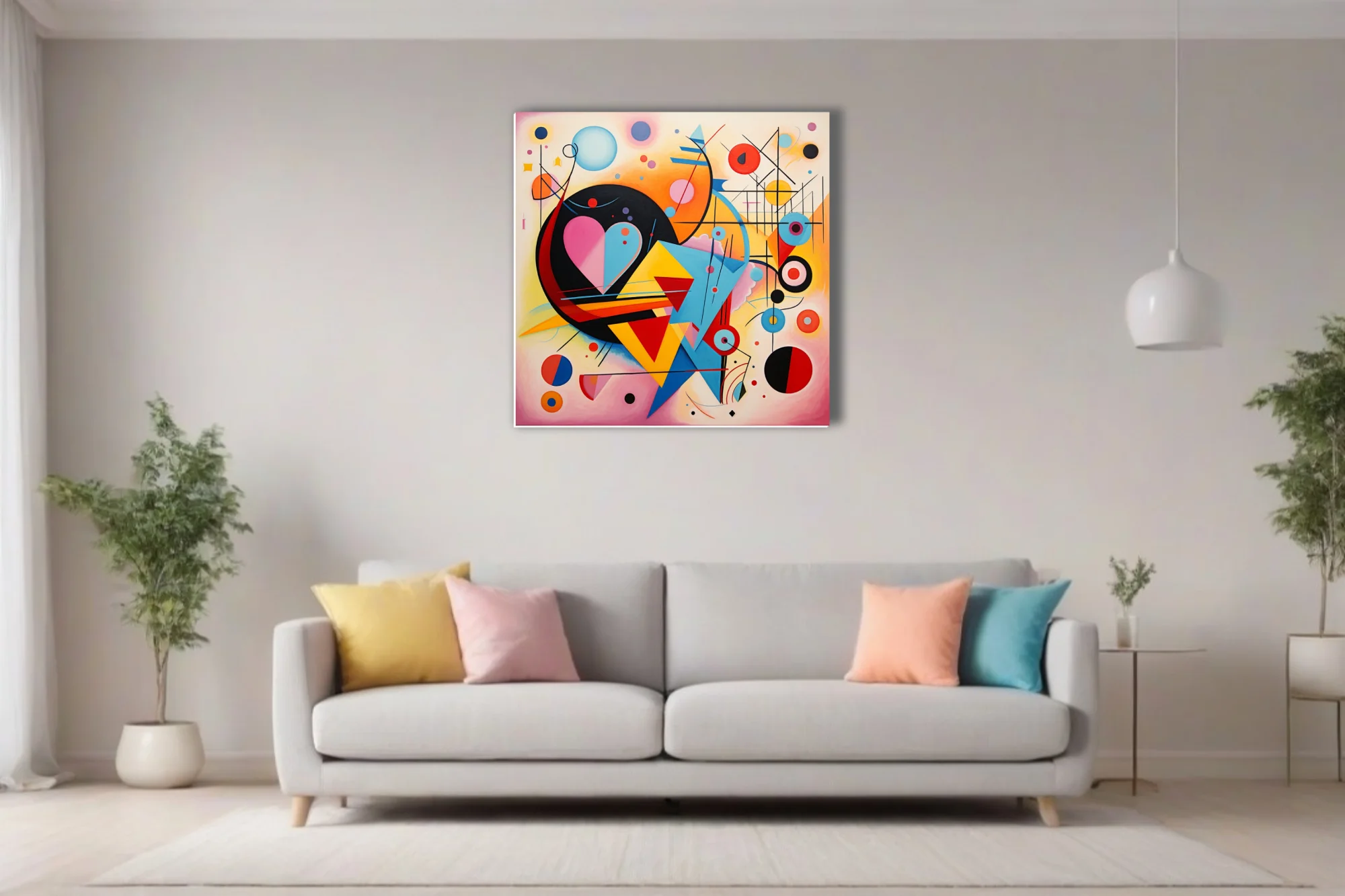 Abstract composition with heart motif, bold primary palette and geometric forms