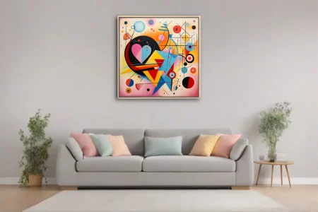 Abstract composition with heart motif, bold primary palette and geometric forms