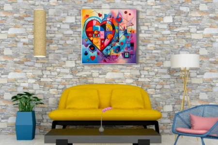 Colorful geometric abstract heart in bold graphic style with bold primaries, pastels, and black linework