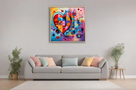 Colorful geometric abstract heart in bold graphic style with bold primaries, pastels, and black linework