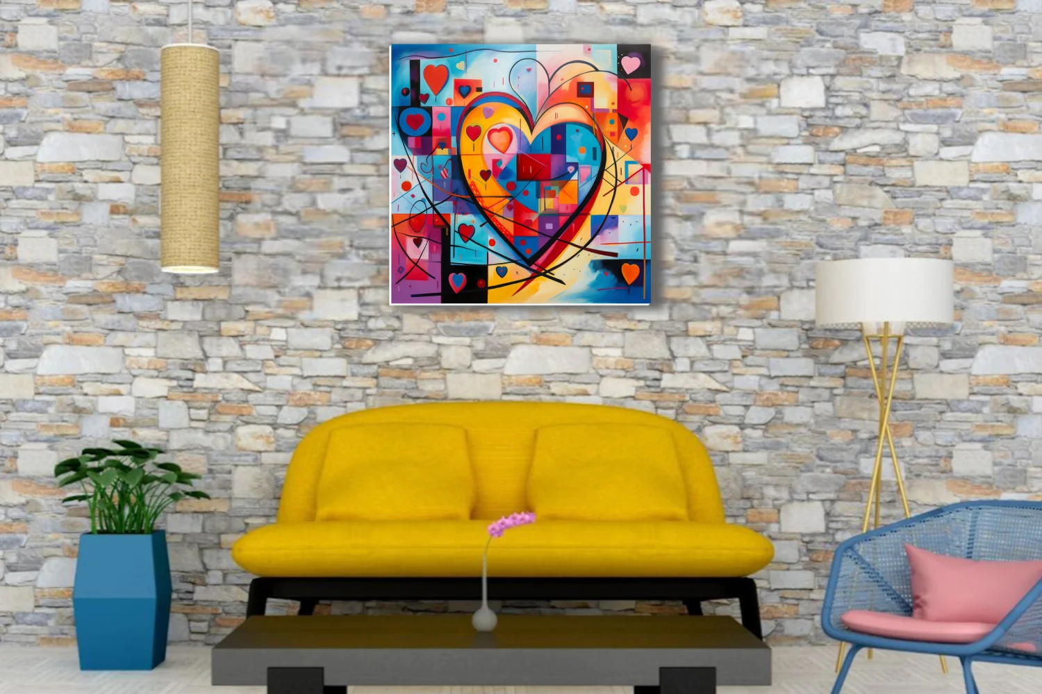 Vibrant bold graphic abstract heart composition with bold primaries and geometric motifs