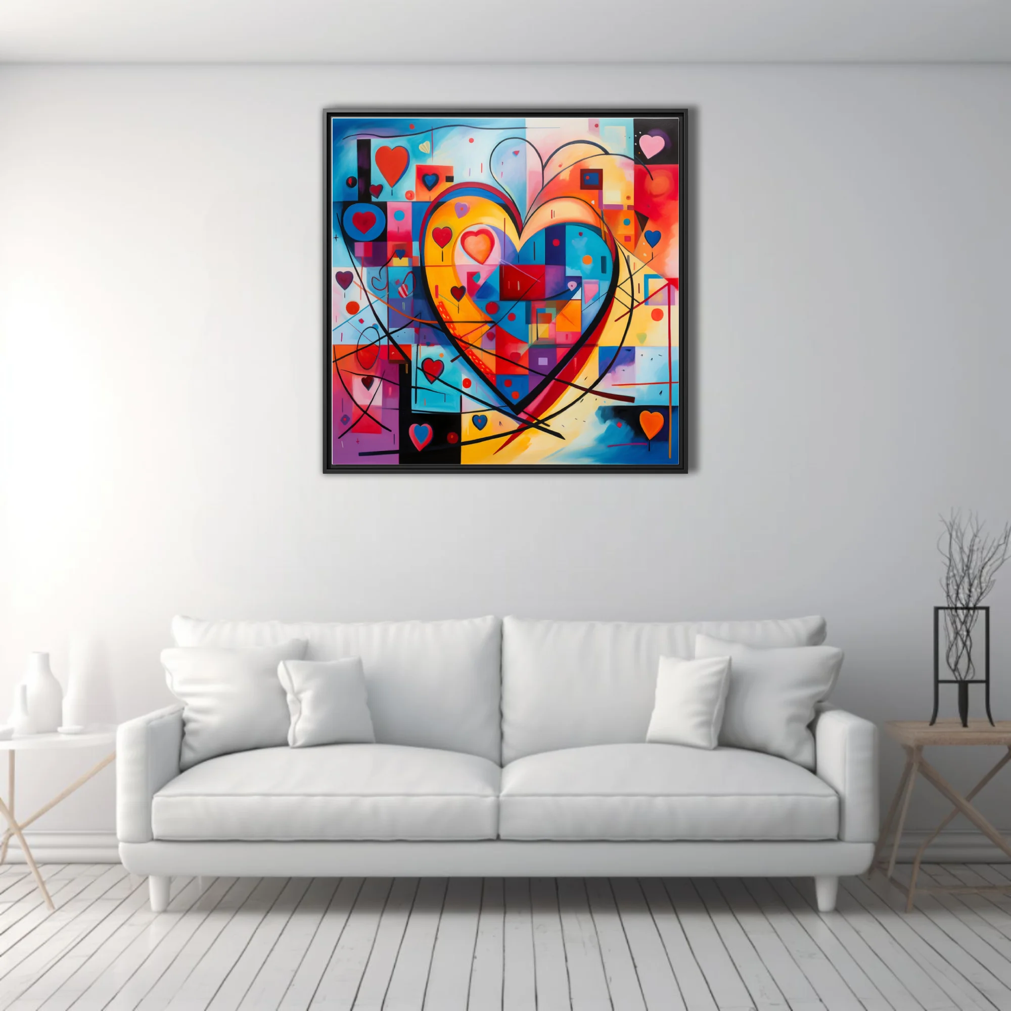 Vibrant bold graphic abstract heart composition with bold primaries and geometric motifs