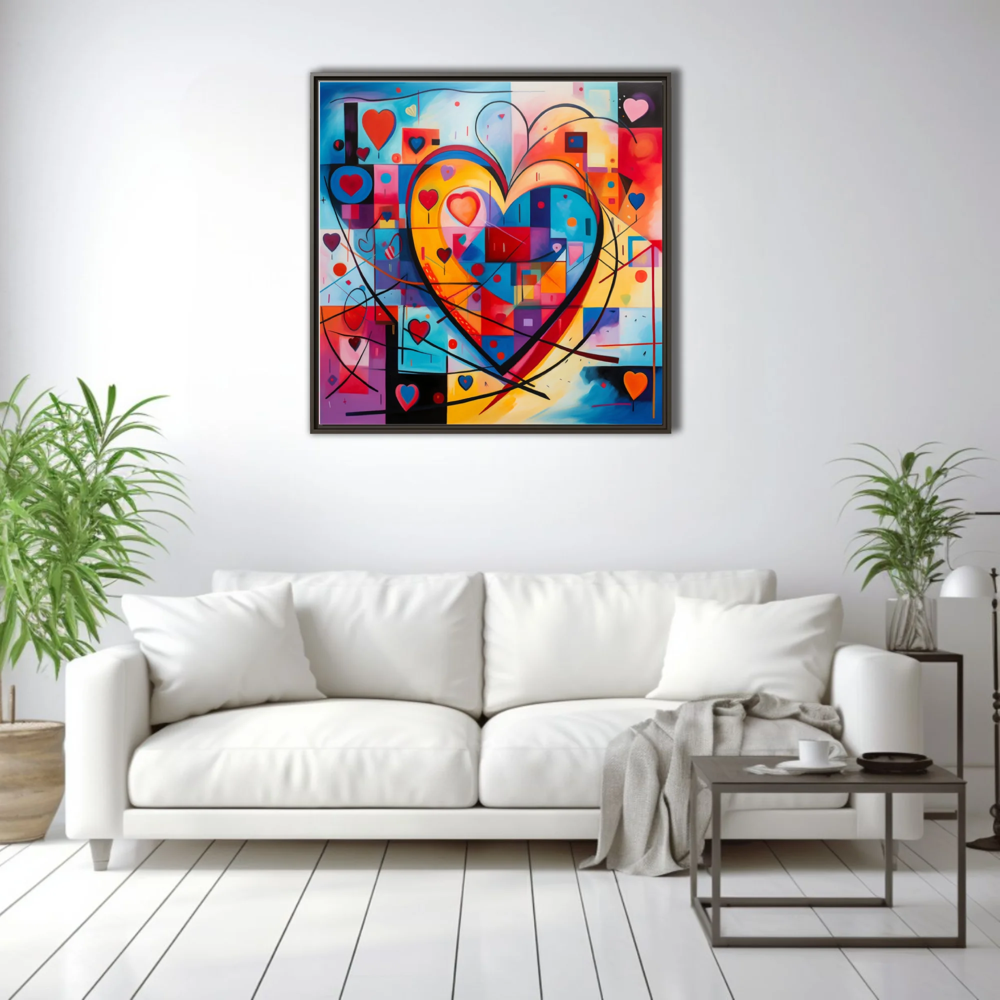 Vibrant bold graphic abstract heart composition with bold primaries and geometric motifs