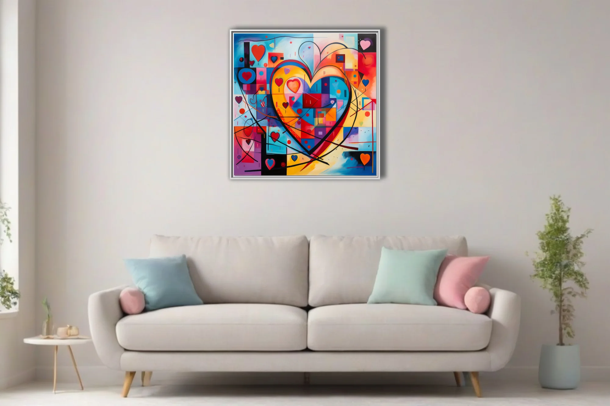 Vibrant bold graphic abstract heart composition with bold primaries and geometric motifs