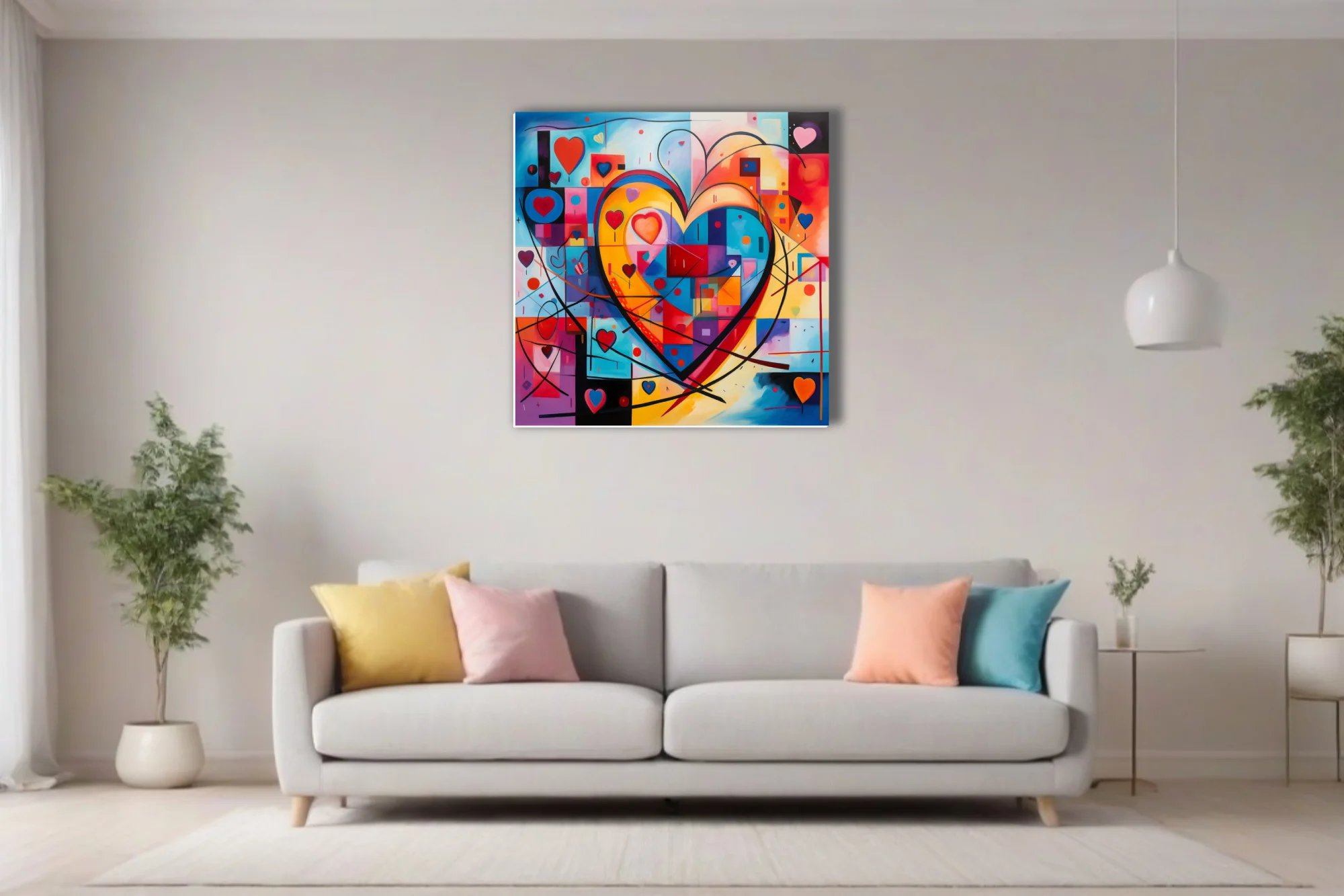Vibrant bold graphic abstract heart composition with bold primaries and geometric motifs