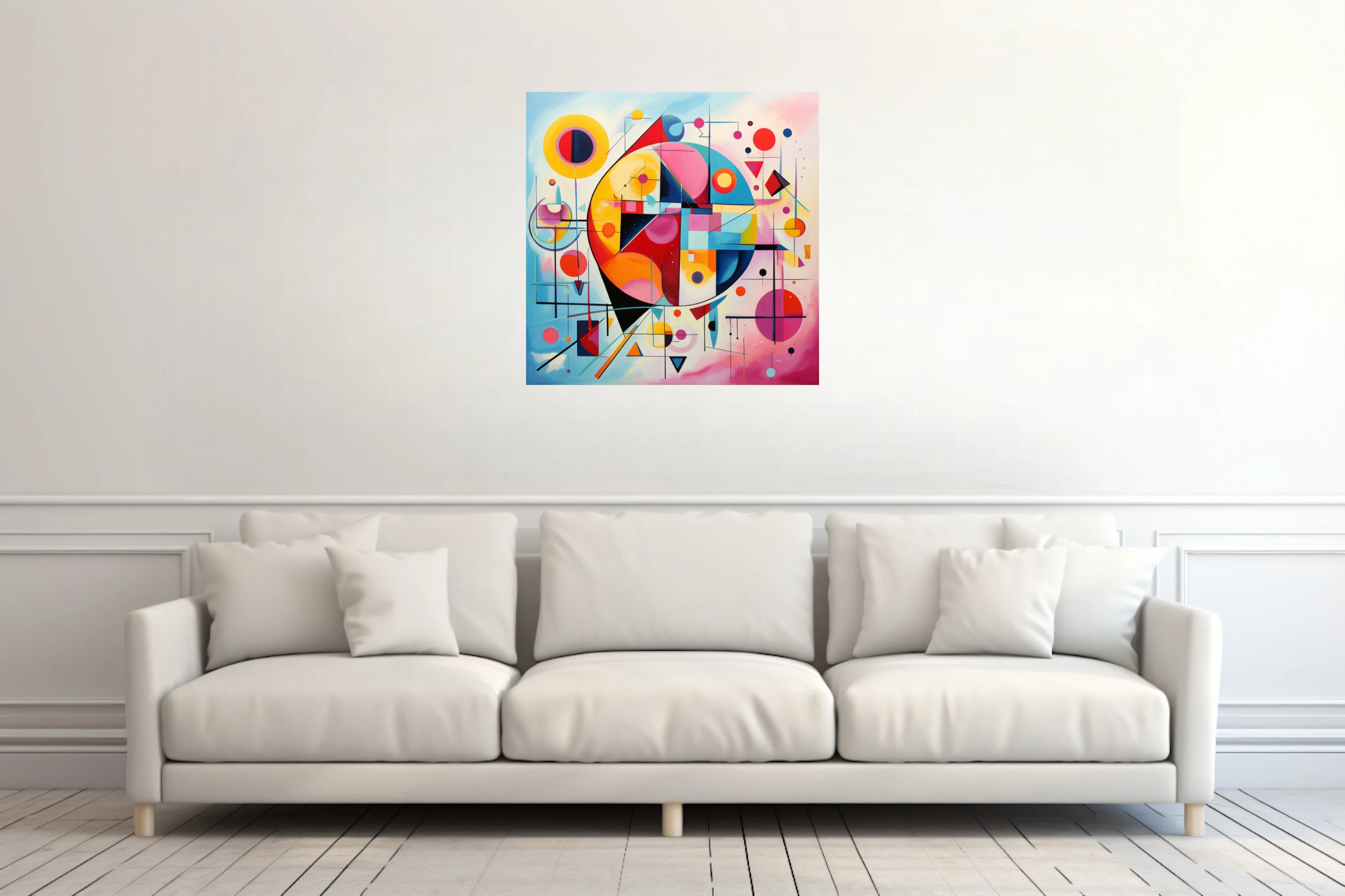 Bold geometric abstract artwork with vivid primaries and pastel washes, circles and triangles in modernist style