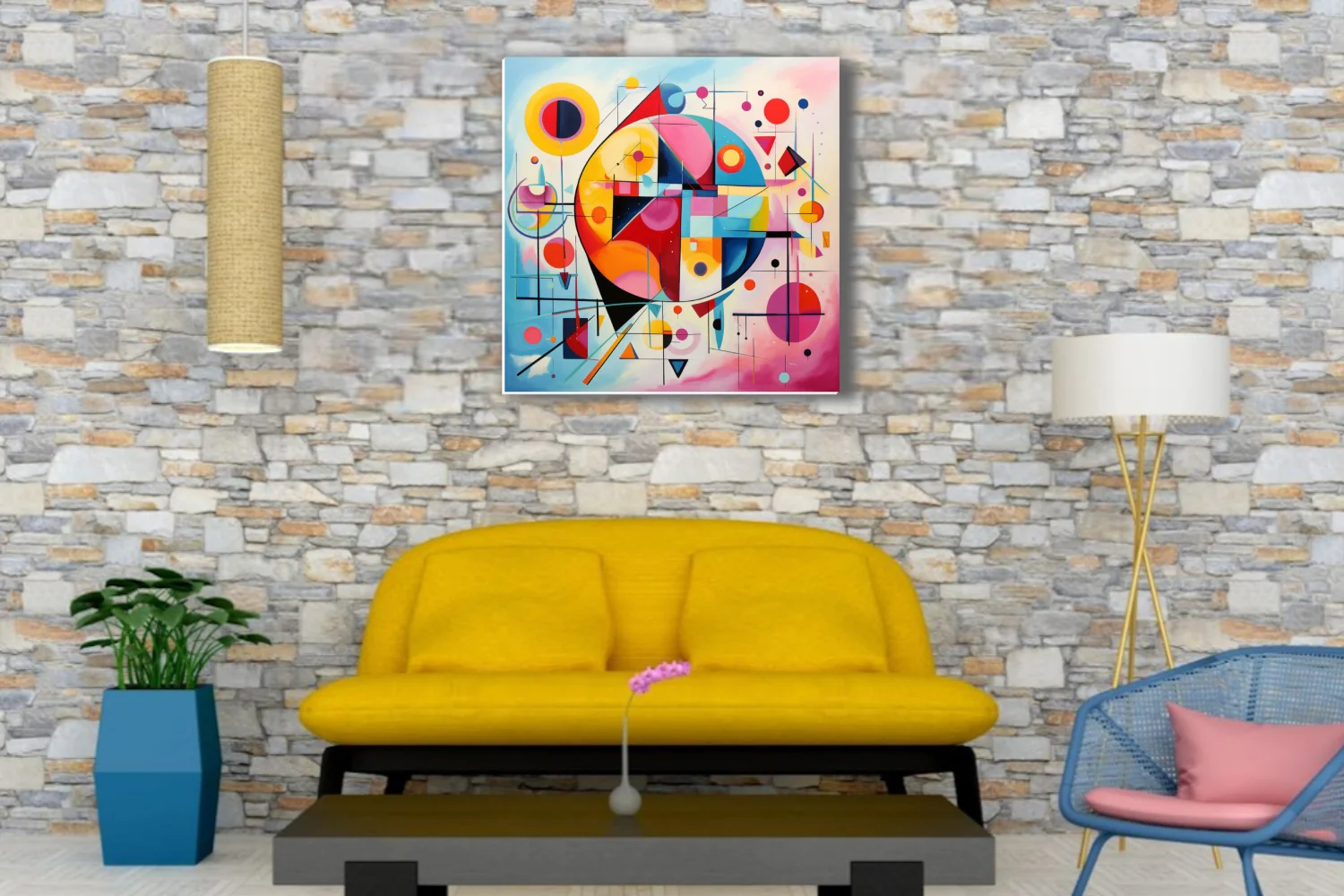 Bold geometric abstract artwork with vivid primaries and pastel washes, circles and triangles in modernist style