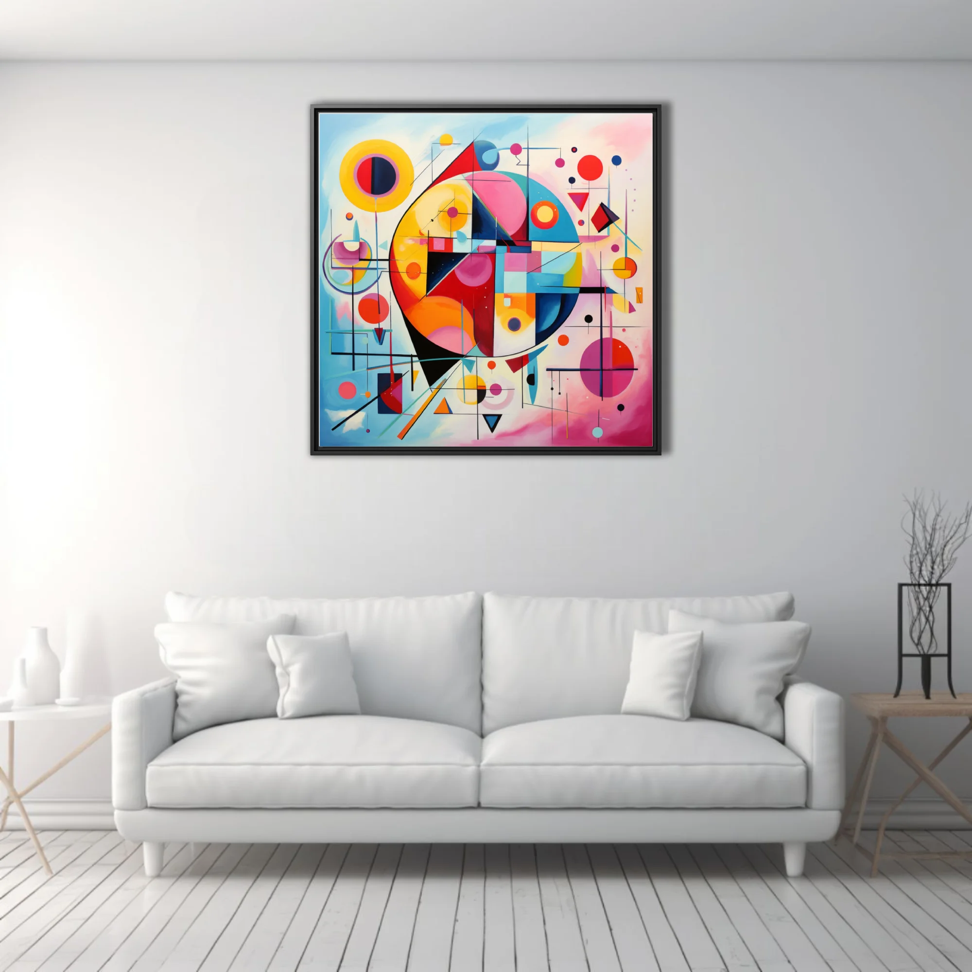 Bold geometric abstract artwork with vivid primaries and pastel washes, circles and triangles in modernist style