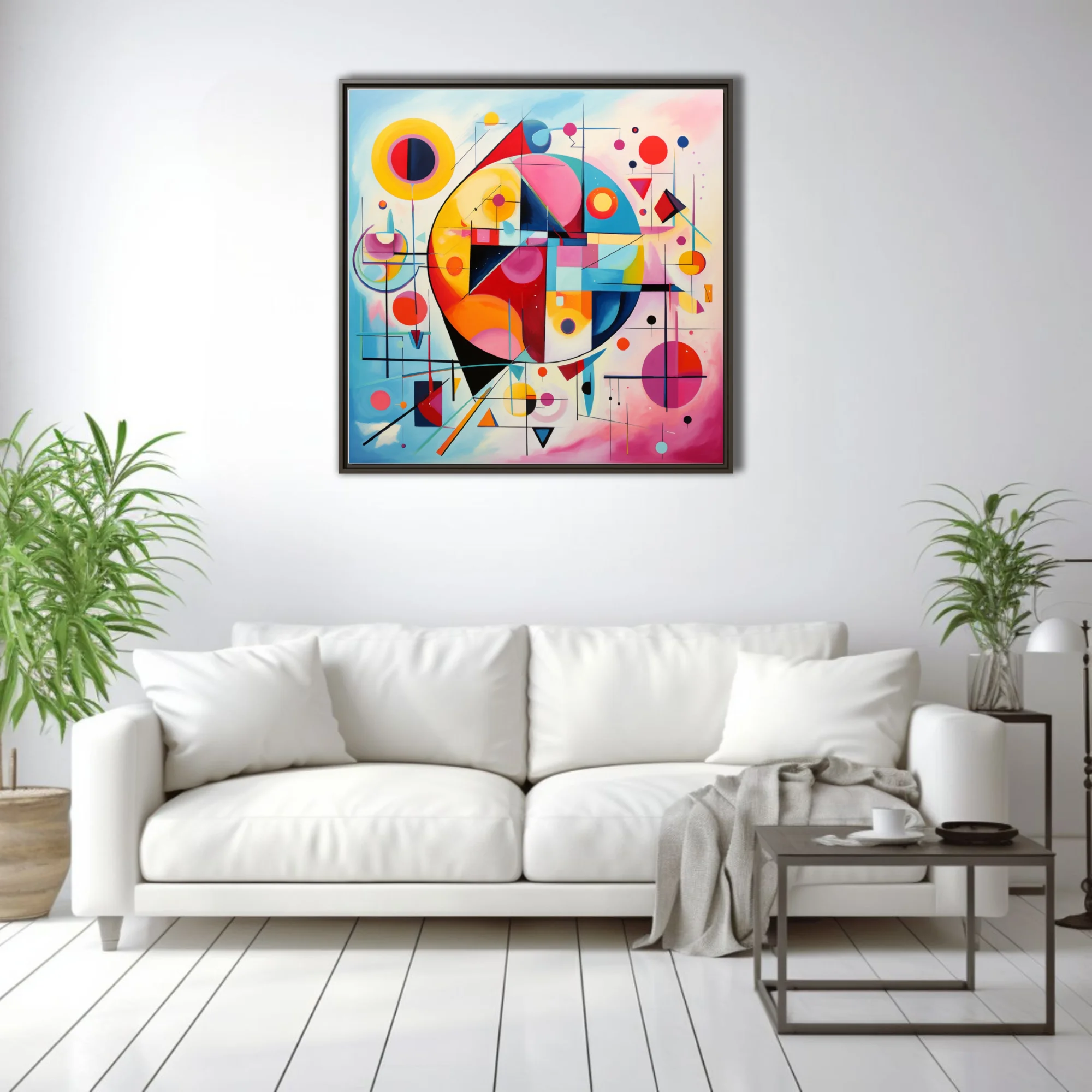 Bold geometric abstract artwork with vivid primaries and pastel washes, circles and triangles in modernist style