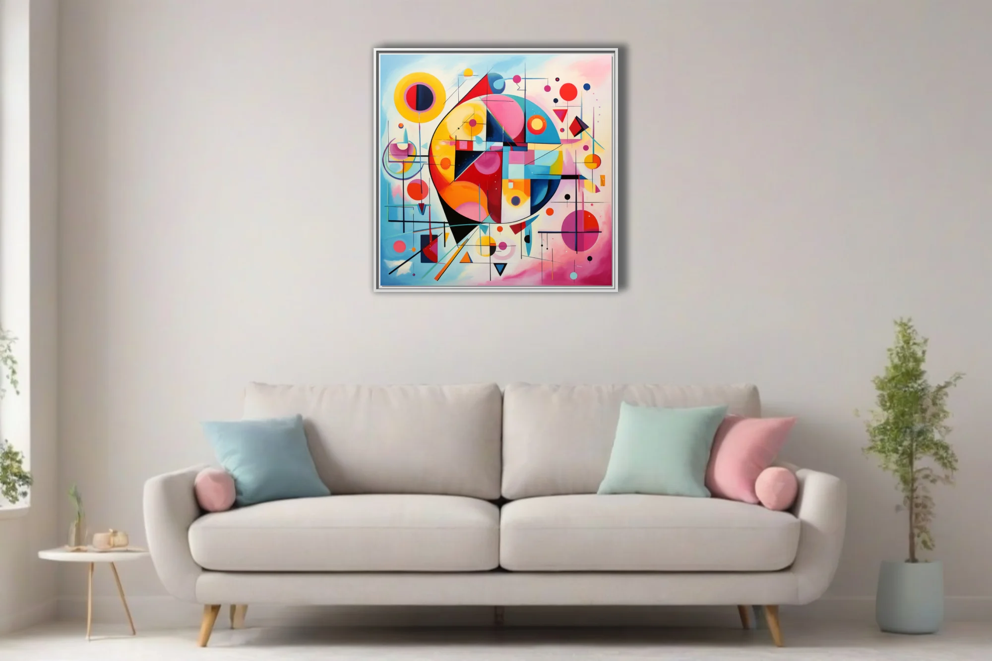 Bold geometric abstract artwork with vivid primaries and pastel washes, circles and triangles in modernist style