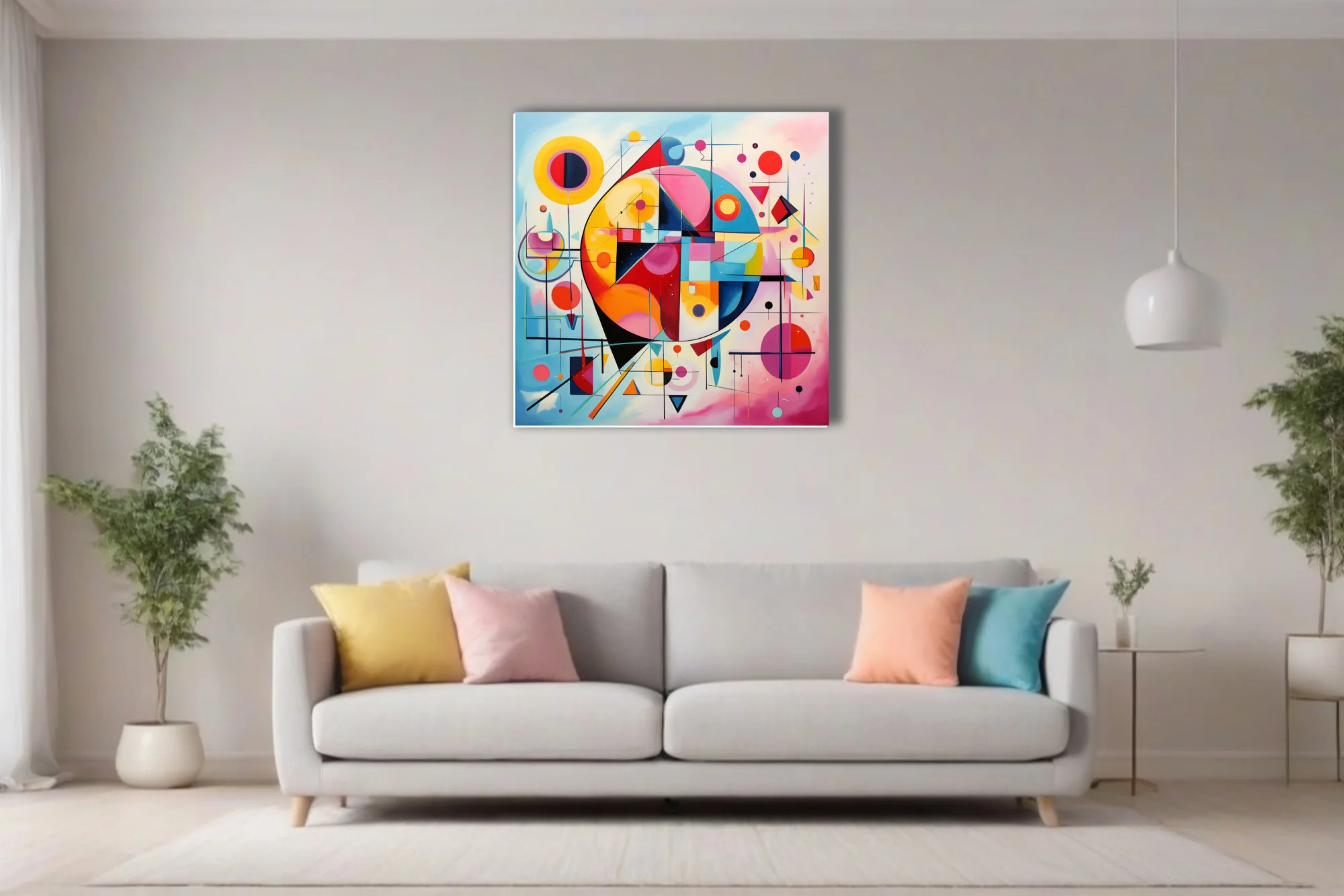 Bold geometric abstract artwork with vivid primaries and pastel washes, circles and triangles in modernist style