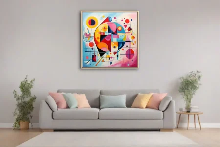 Bold geometric abstract artwork with vivid primaries and pastel washes, circles and triangles in modernist style