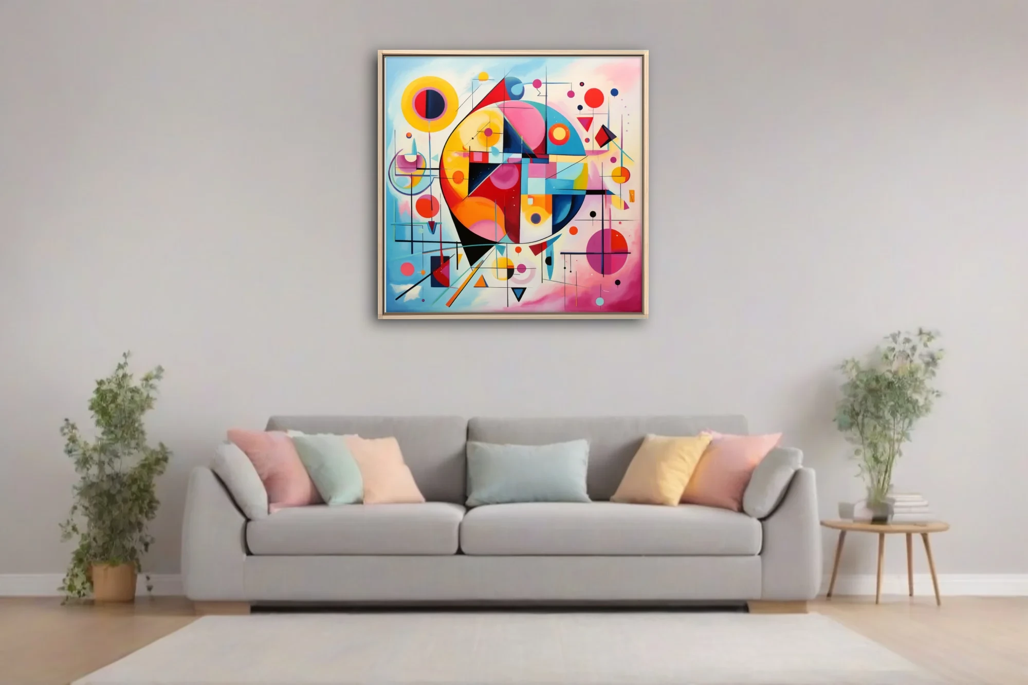 Bold geometric abstract artwork with vivid primaries and pastel washes, circles and triangles in modernist style
