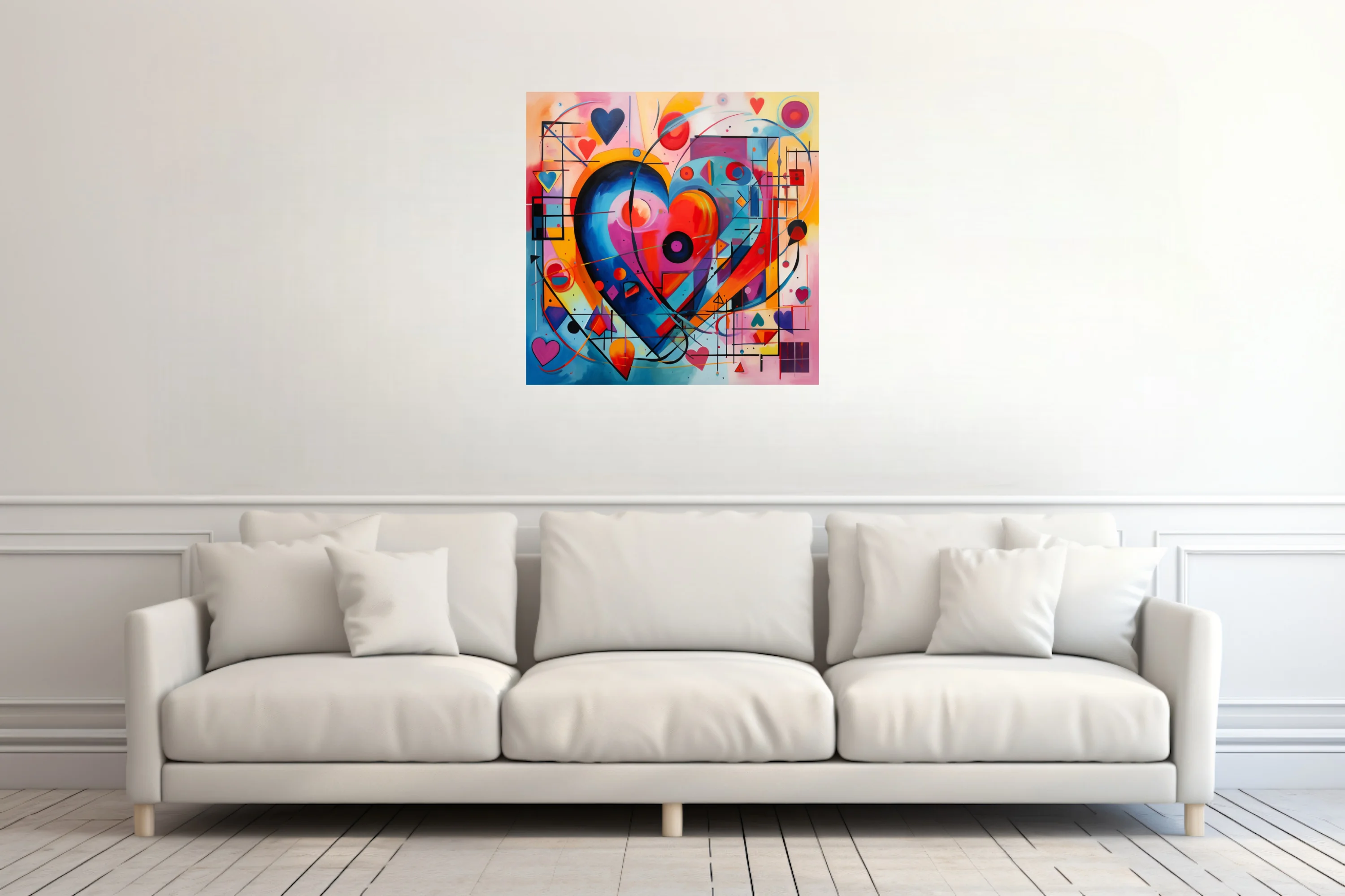 Vivid abstract heart artwork with geometric shapes and bold primary colors, geometric abstract wall art