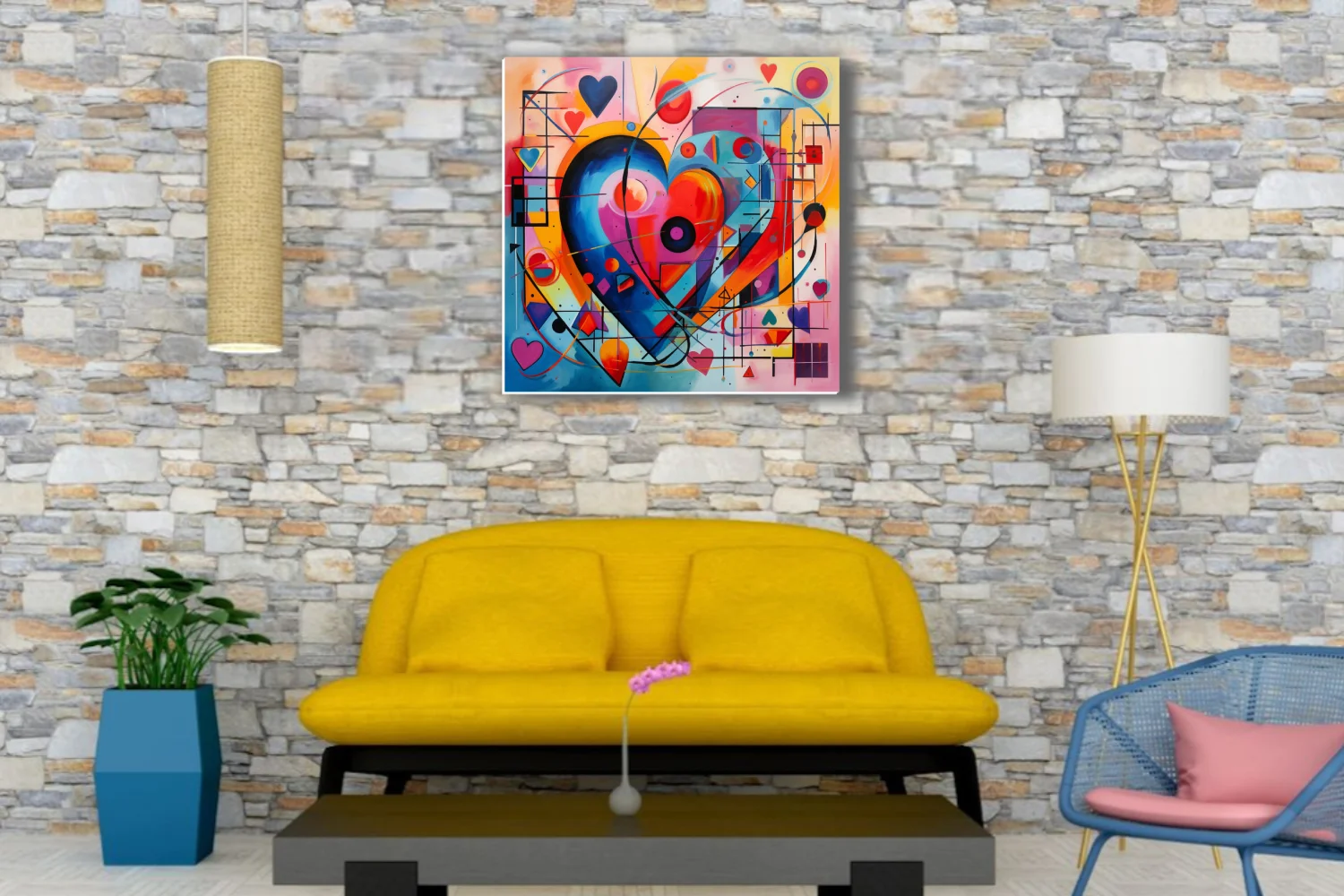 Vivid abstract heart artwork with geometric shapes and bold primary colors, geometric abstract wall art