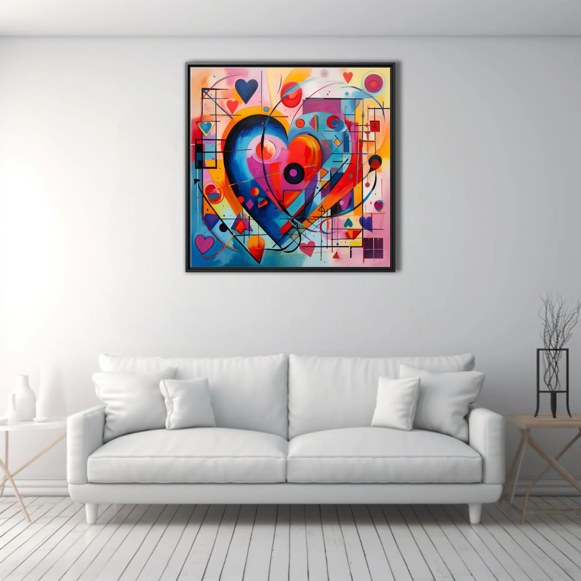 Vivid abstract heart artwork with geometric shapes and bold primary colors, geometric abstract wall art