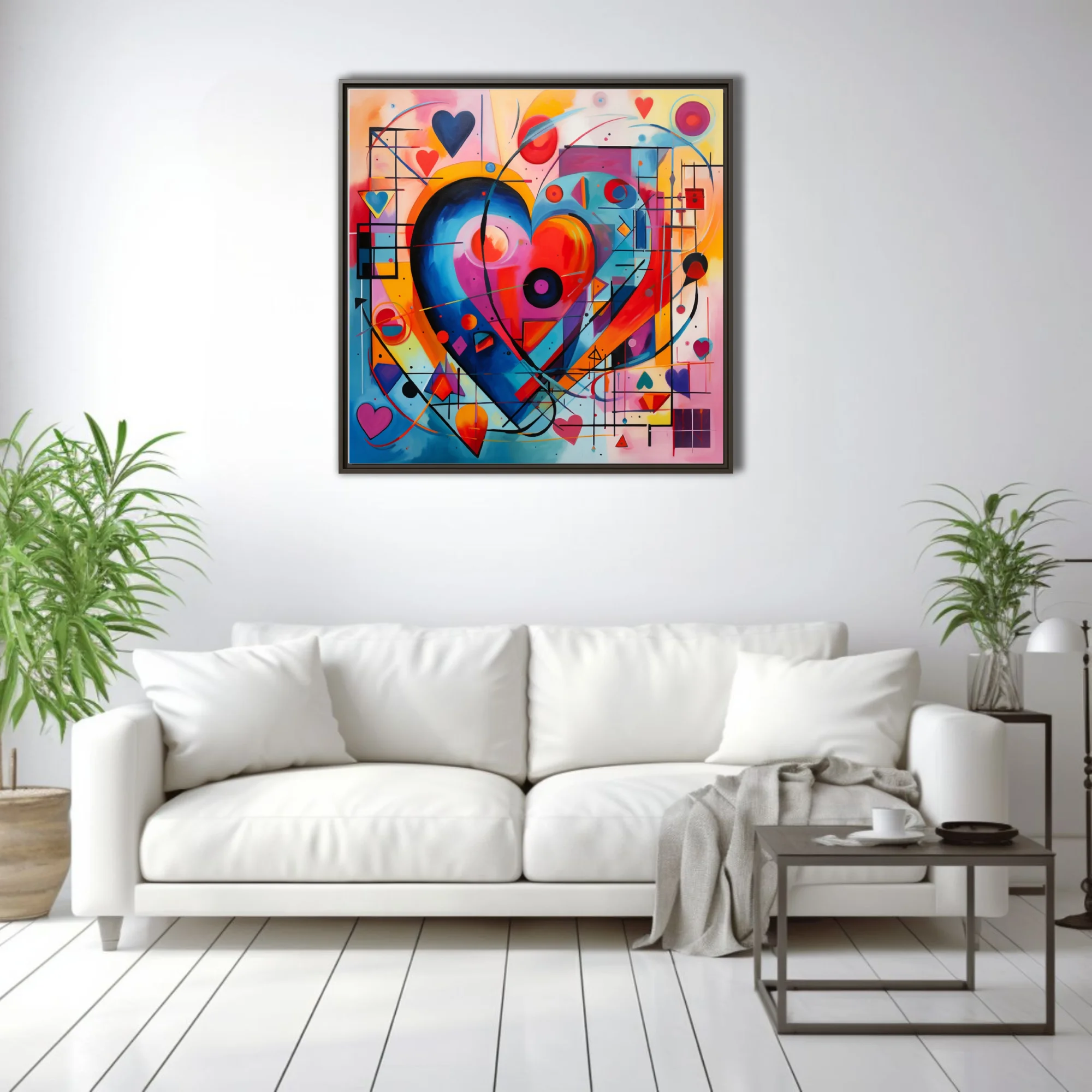 Vivid abstract heart artwork with geometric shapes and bold primary colors, geometric abstract wall art