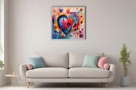 Vivid abstract heart artwork with geometric shapes and bold primary colors, geometric abstract wall art