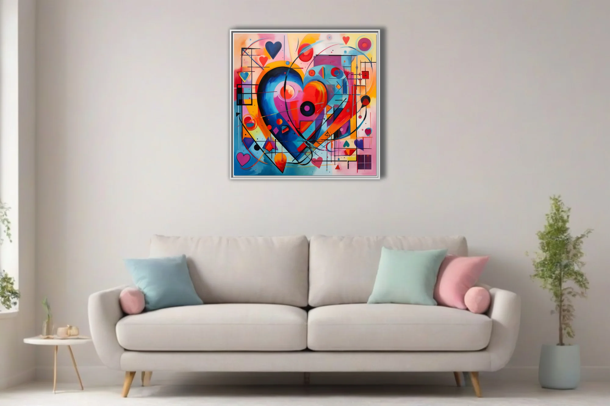 Vivid abstract heart artwork with geometric shapes and bold primary colors, geometric abstract wall art