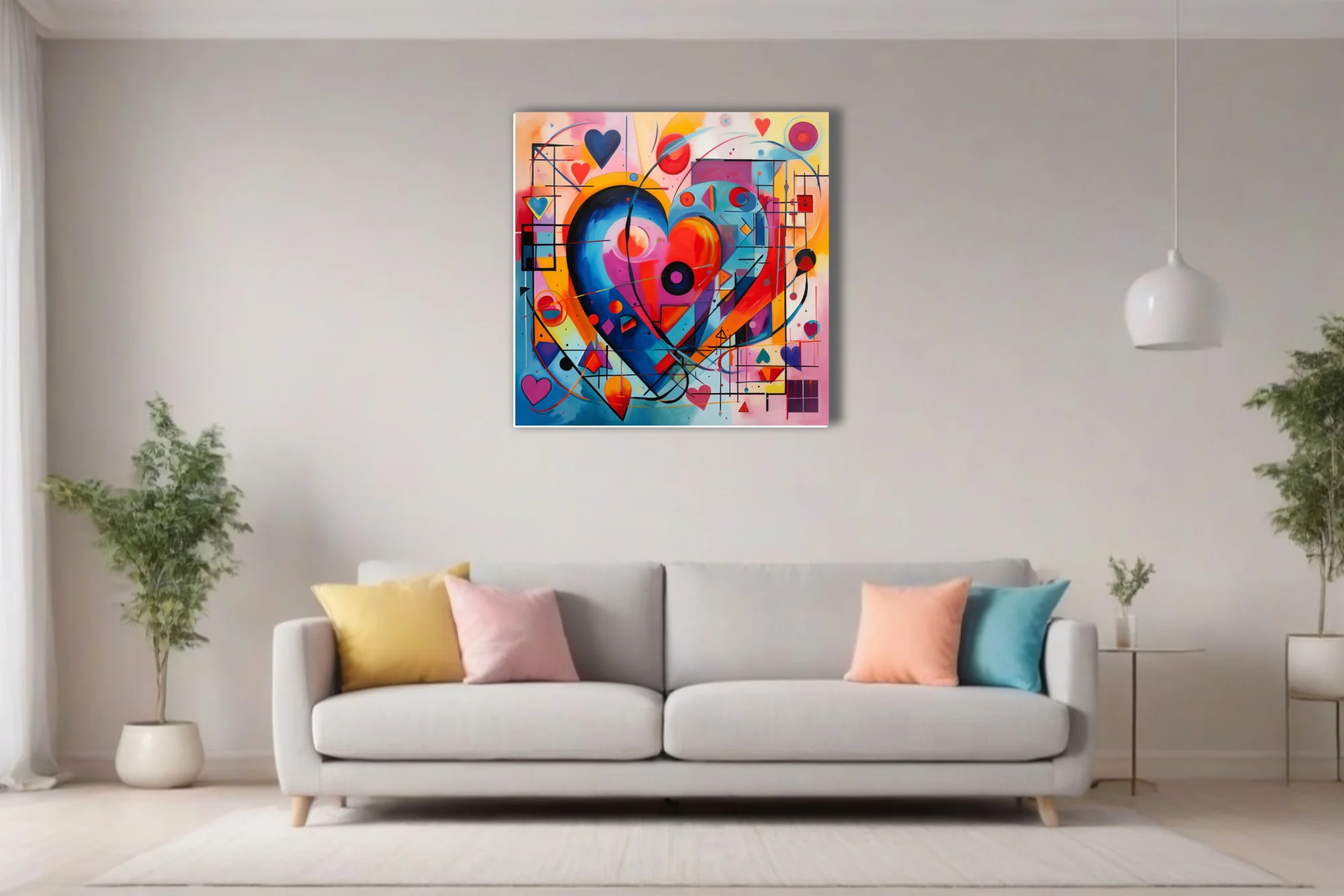 Vivid abstract heart artwork with geometric shapes and bold primary colors, geometric abstract wall art