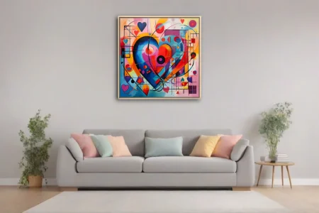 Vivid abstract heart artwork with geometric shapes and bold primary colors, geometric abstract wall art