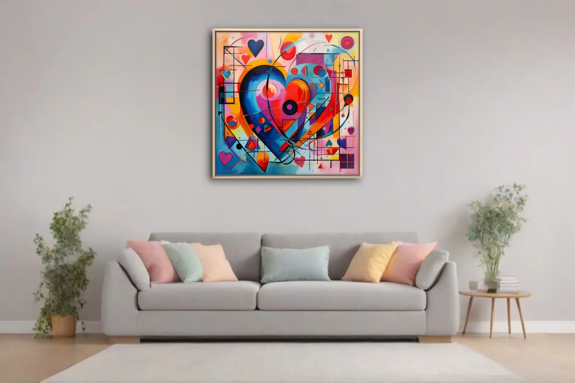 Vivid abstract heart artwork with geometric shapes and bold primary colors, geometric abstract wall art