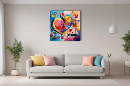 Abstract heart composition with vivid geometric shapes and bold primary colors