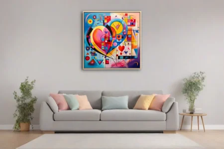 Abstract heart composition with vivid geometric shapes and bold primary colors