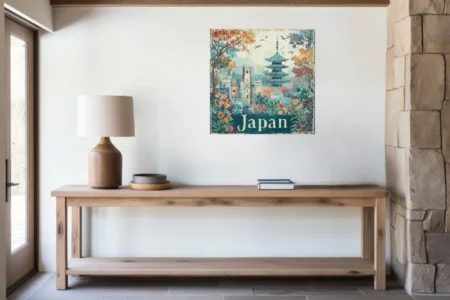 Vintage-style Japan travel poster with pagoda, autumn foliage, and botanical florals in teal tones