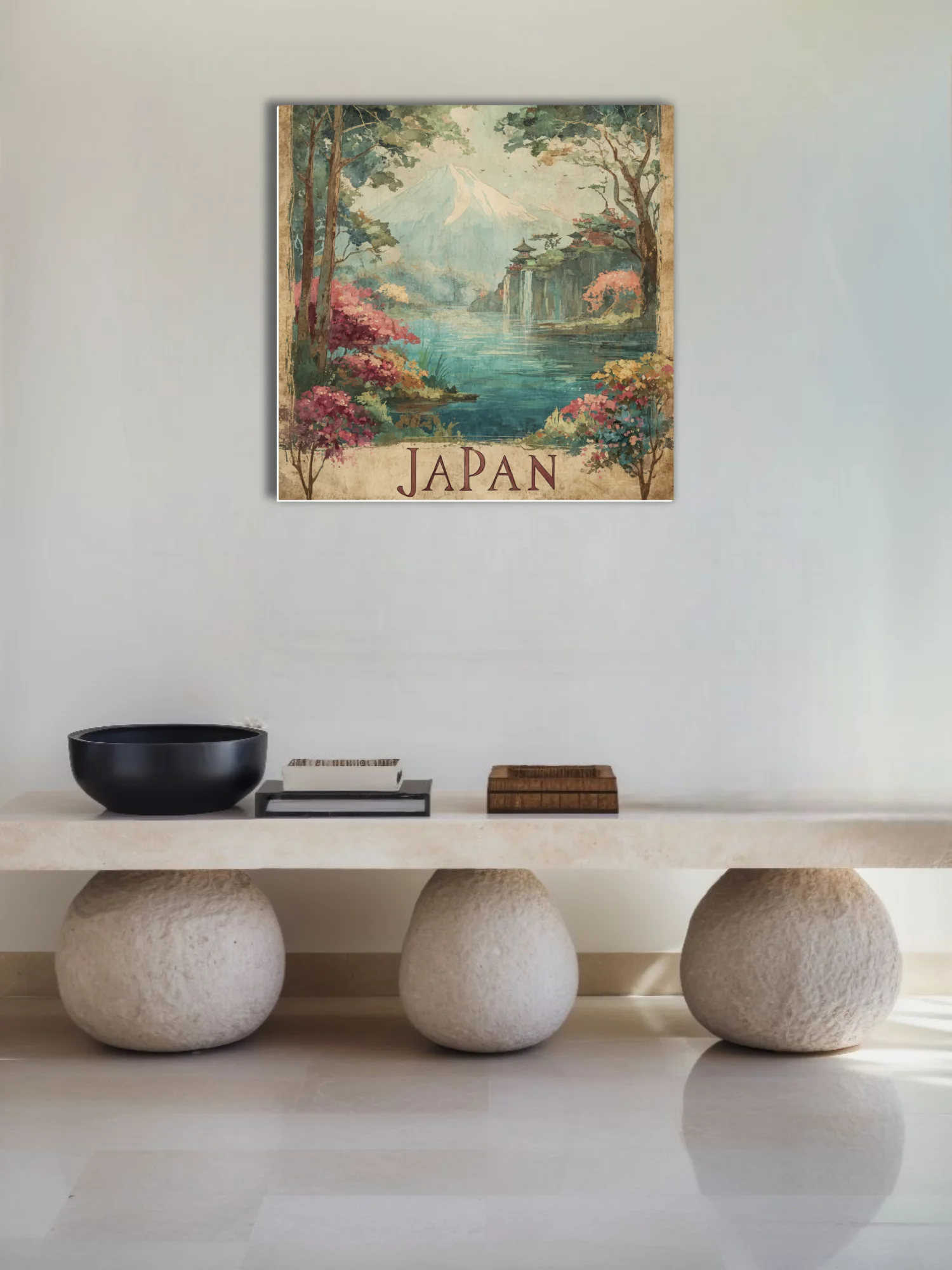 Vintage Japan travel poster, Mt. Fuji lake waterfall pagodas, soft watercolor tones
