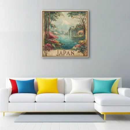 Vintage Japan travel poster, Mt. Fuji lake waterfall pagodas, soft watercolor tones