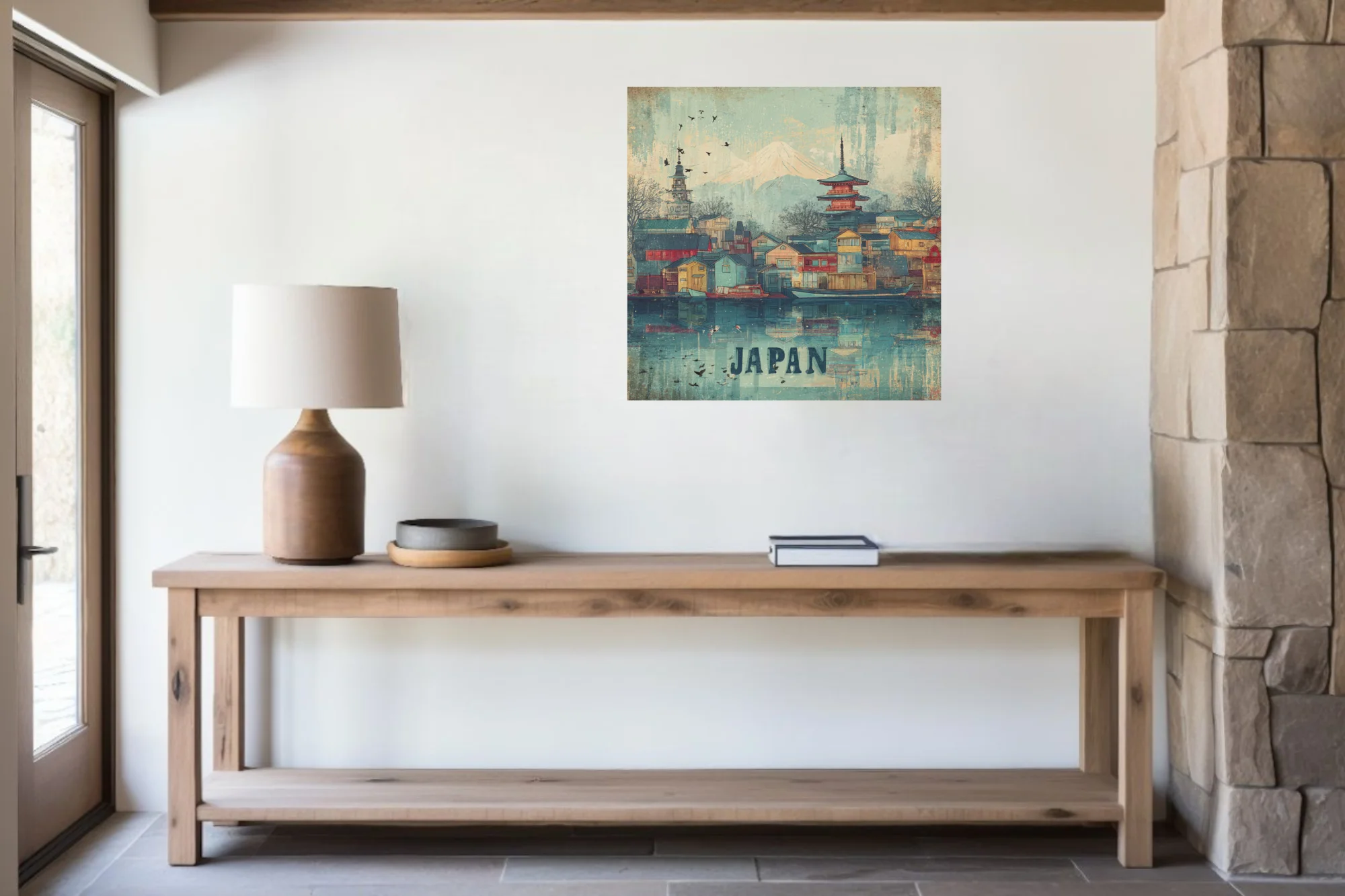 Vintage-style Japan travel poster with pagoda, coastal village, and snow-capped mountain