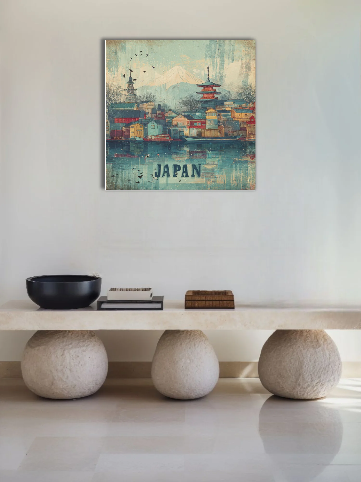 Vintage-style Japan travel poster with pagoda, coastal village, and snow-capped mountain