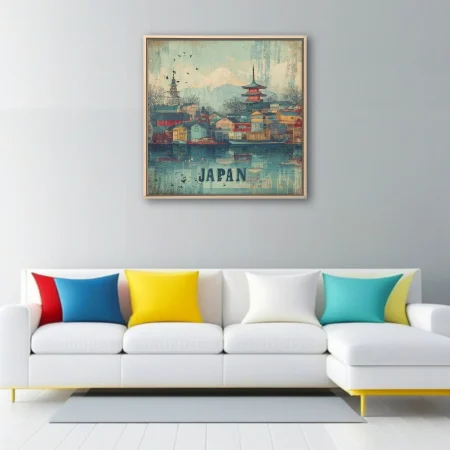 Vintage-style Japan travel poster with pagoda, coastal village, and snow-capped mountain