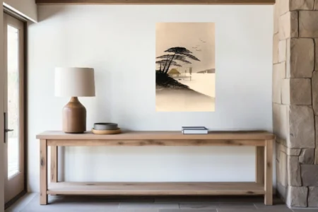 Japanese ink-wash coastal landscape, thatched hut and pine trees in sepia tones