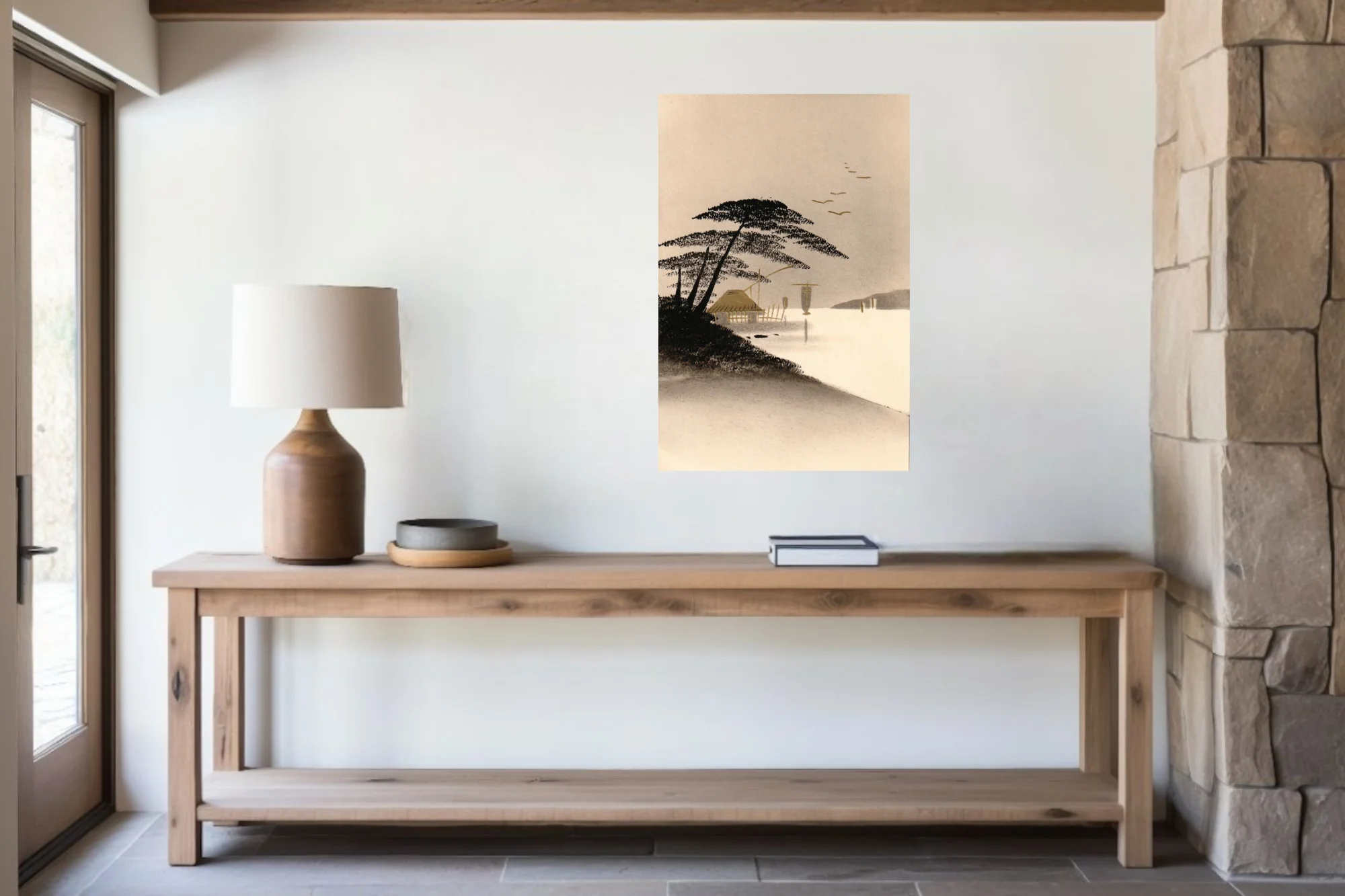Japanese ink-wash coastal landscape, thatched hut and pine trees in sepia tones