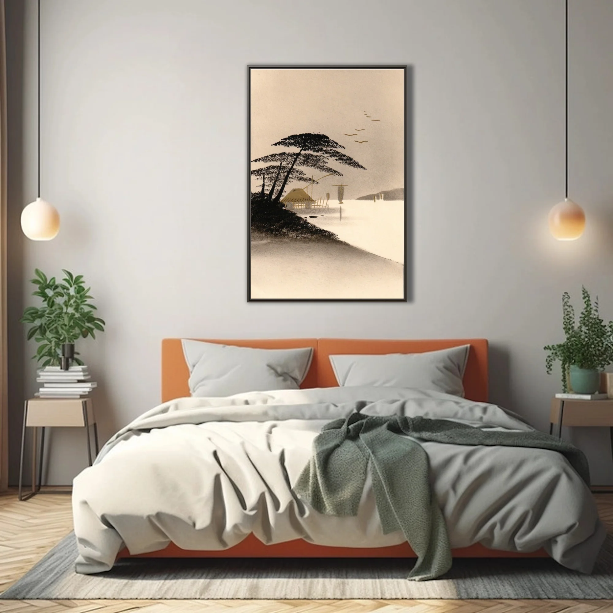 Japanese ink-wash coastal landscape, thatched hut and pine trees in sepia tones