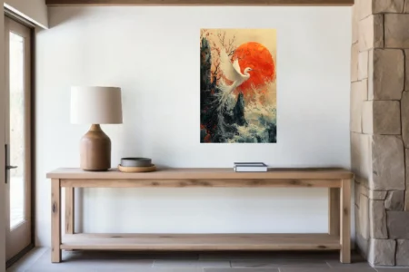 Japanese ink-style white egret in flight, red sun and crashing waves, bold contrast