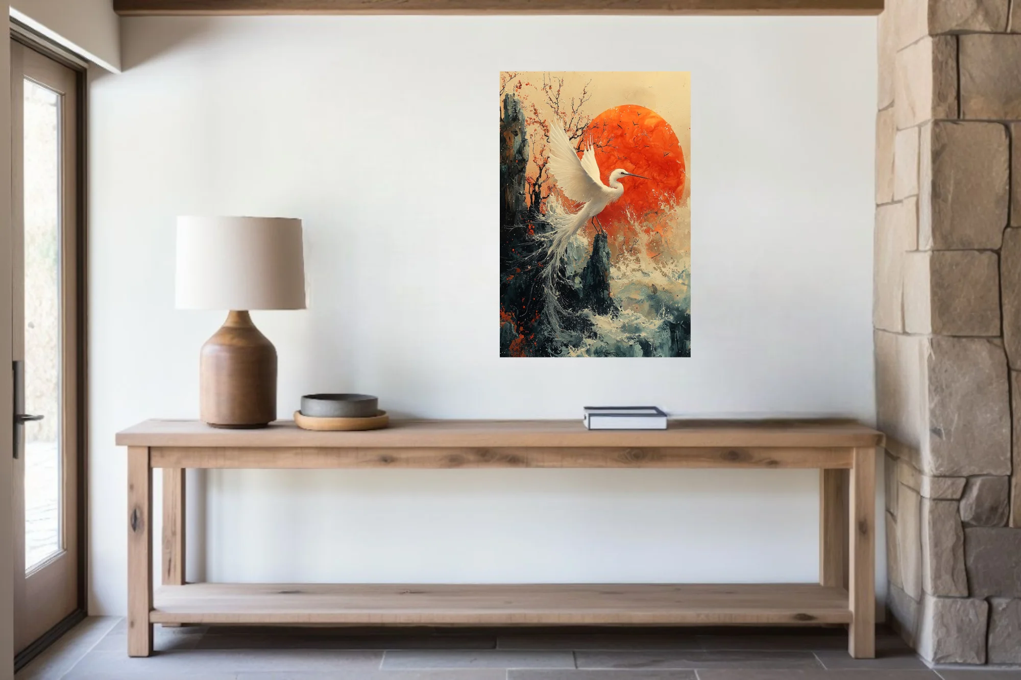 Japanese ink-style white egret in flight, red sun and crashing waves, bold contrast