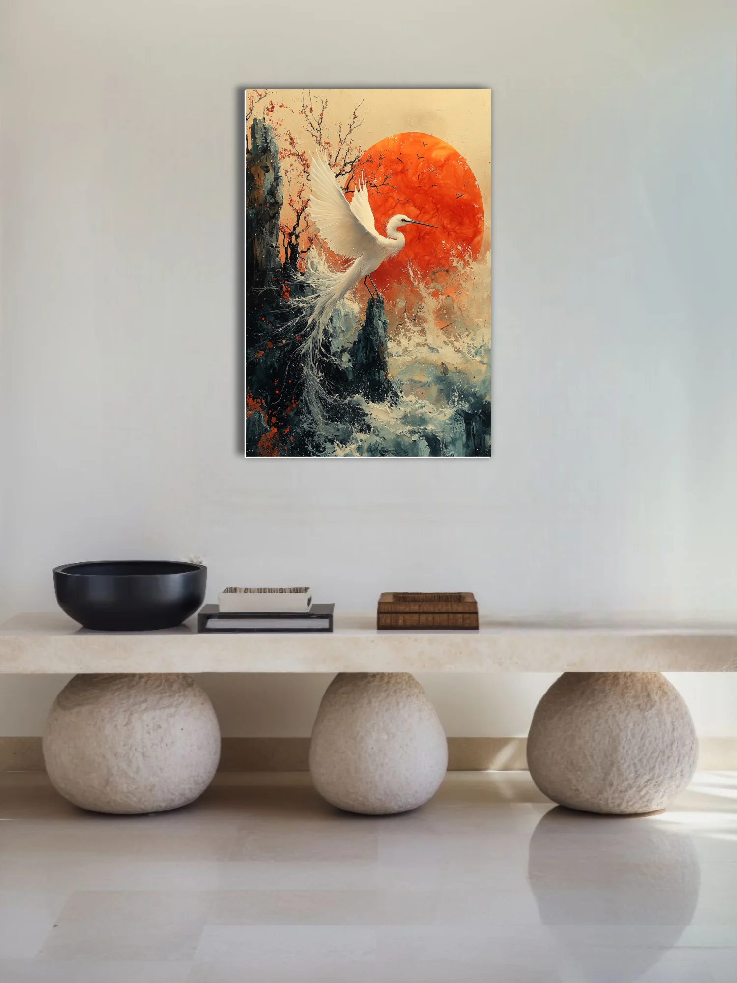 Japanese ink-style white egret in flight, red sun and crashing waves, bold contrast