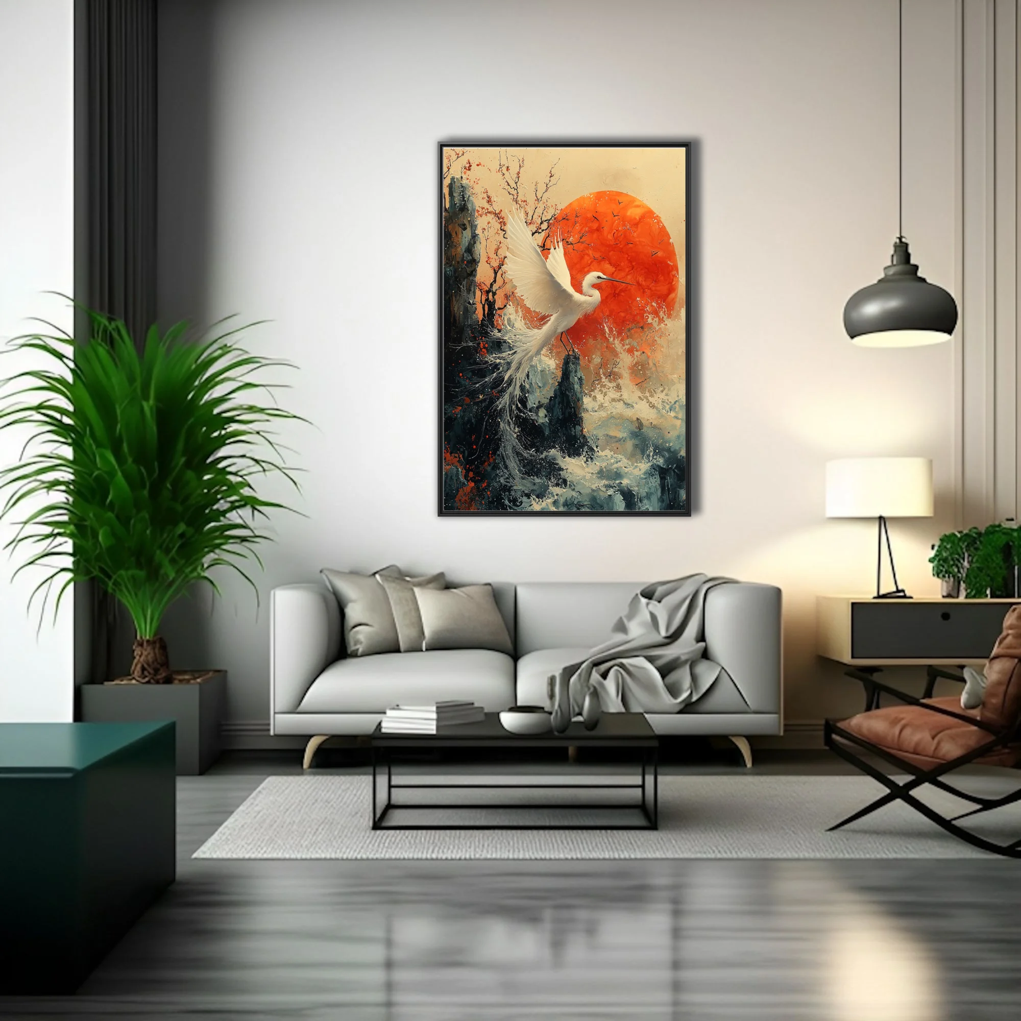 Japanese ink-style white egret in flight, red sun and crashing waves, bold contrast
