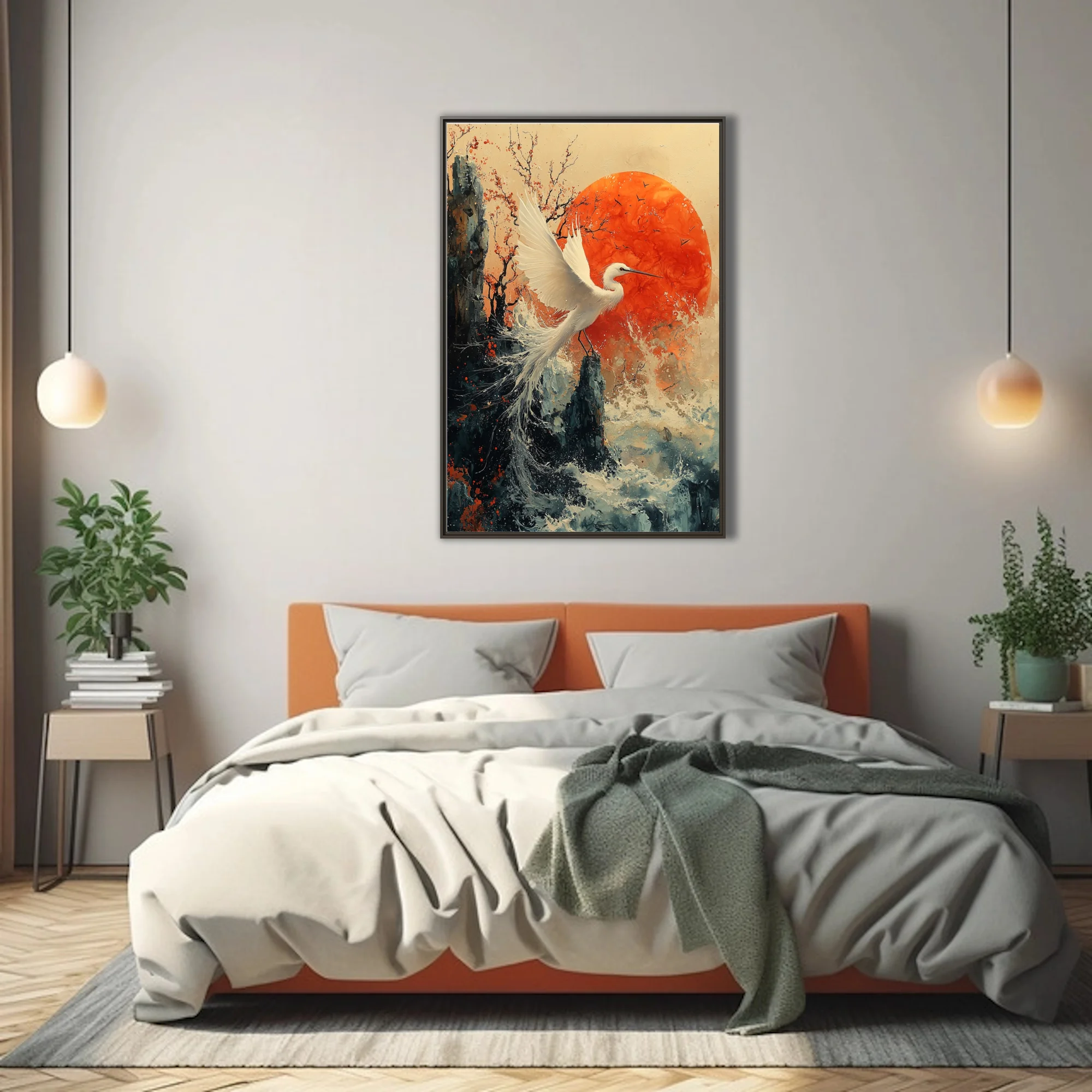 Japanese ink-style white egret in flight, red sun and crashing waves, bold contrast