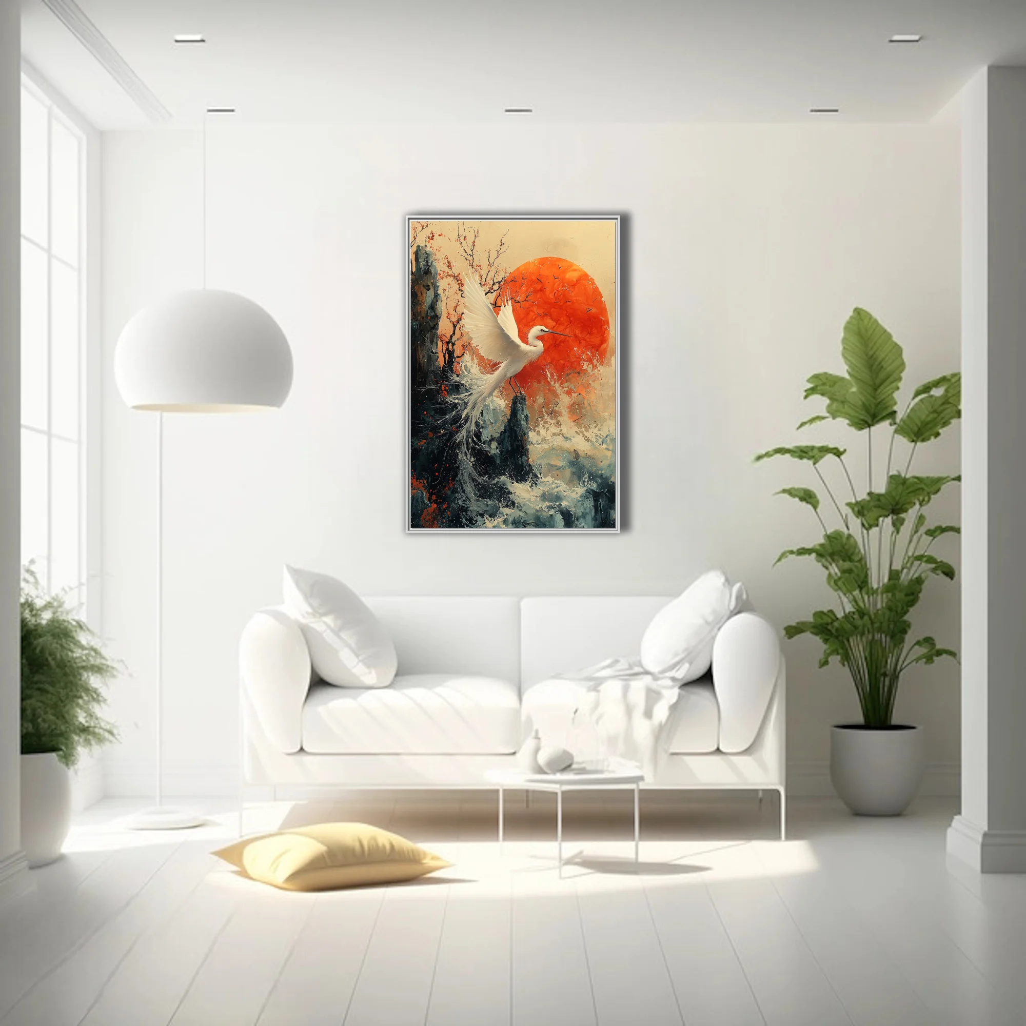 Japanese ink-style white egret in flight, red sun and crashing waves, bold contrast