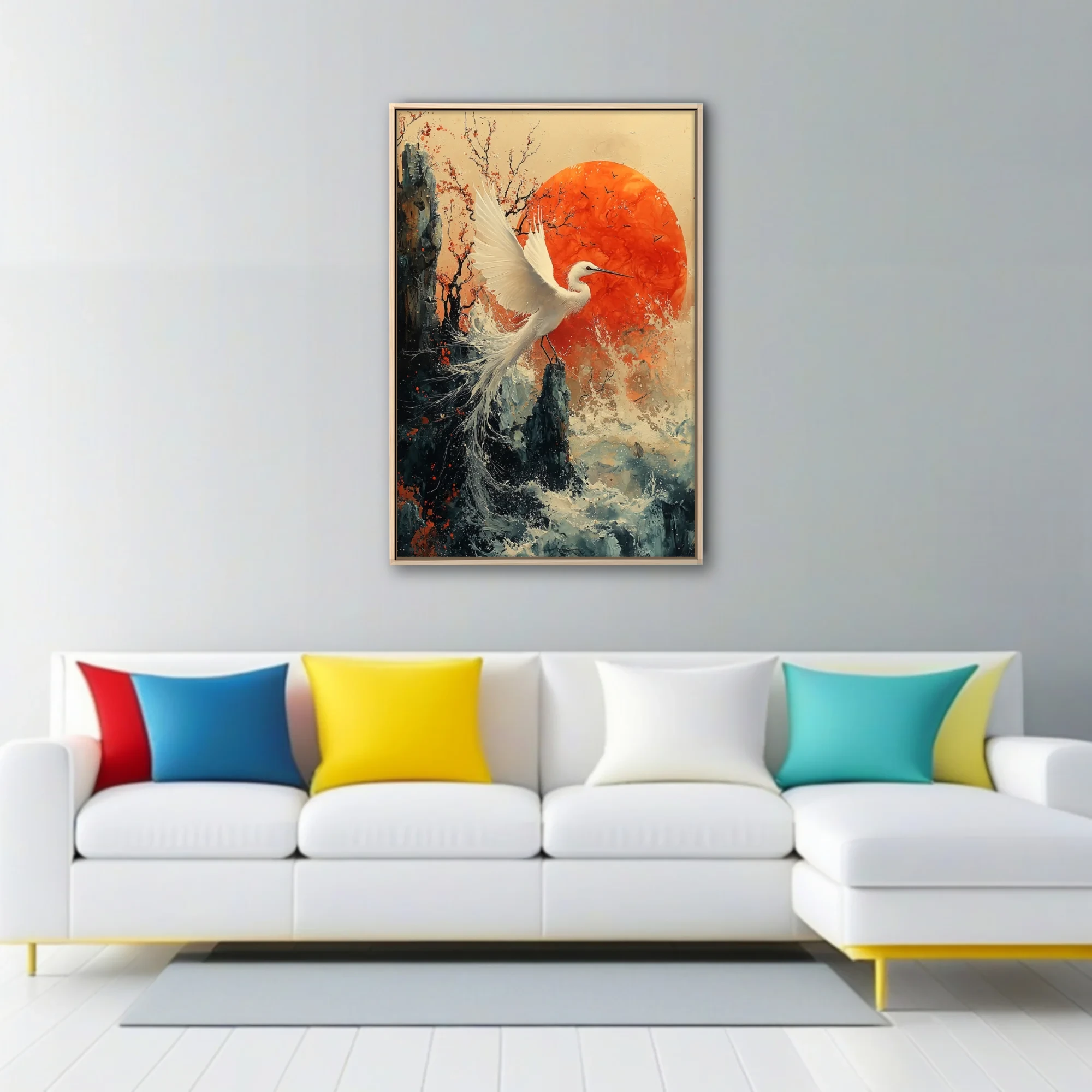 Japanese ink-style white egret in flight, red sun and crashing waves, bold contrast