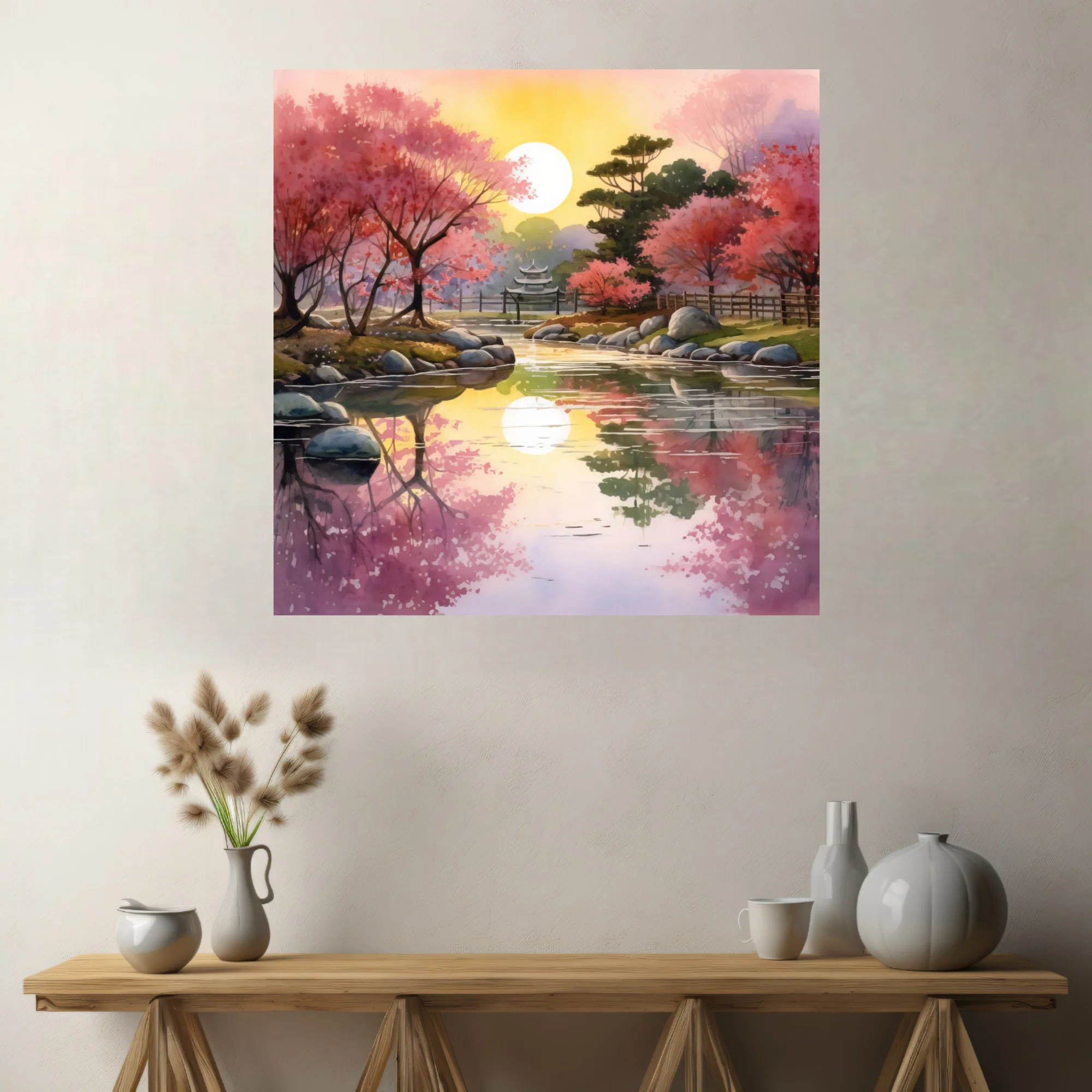 Watercolor-style Japanese garden with cherry blossoms, reflective pond, and glowing sun